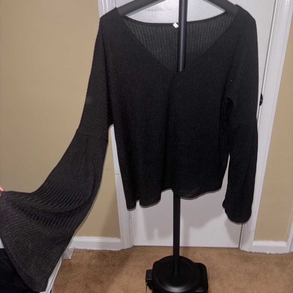 Black V-Neck Bell Sleeve Sweater